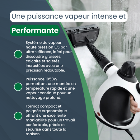 VapoClean Nettoyeur à Vapeur Électrique Multi-Usages 1050W Haute Pression 3,5 Bar – Nettoyage Maison Sans Produits Chimiques