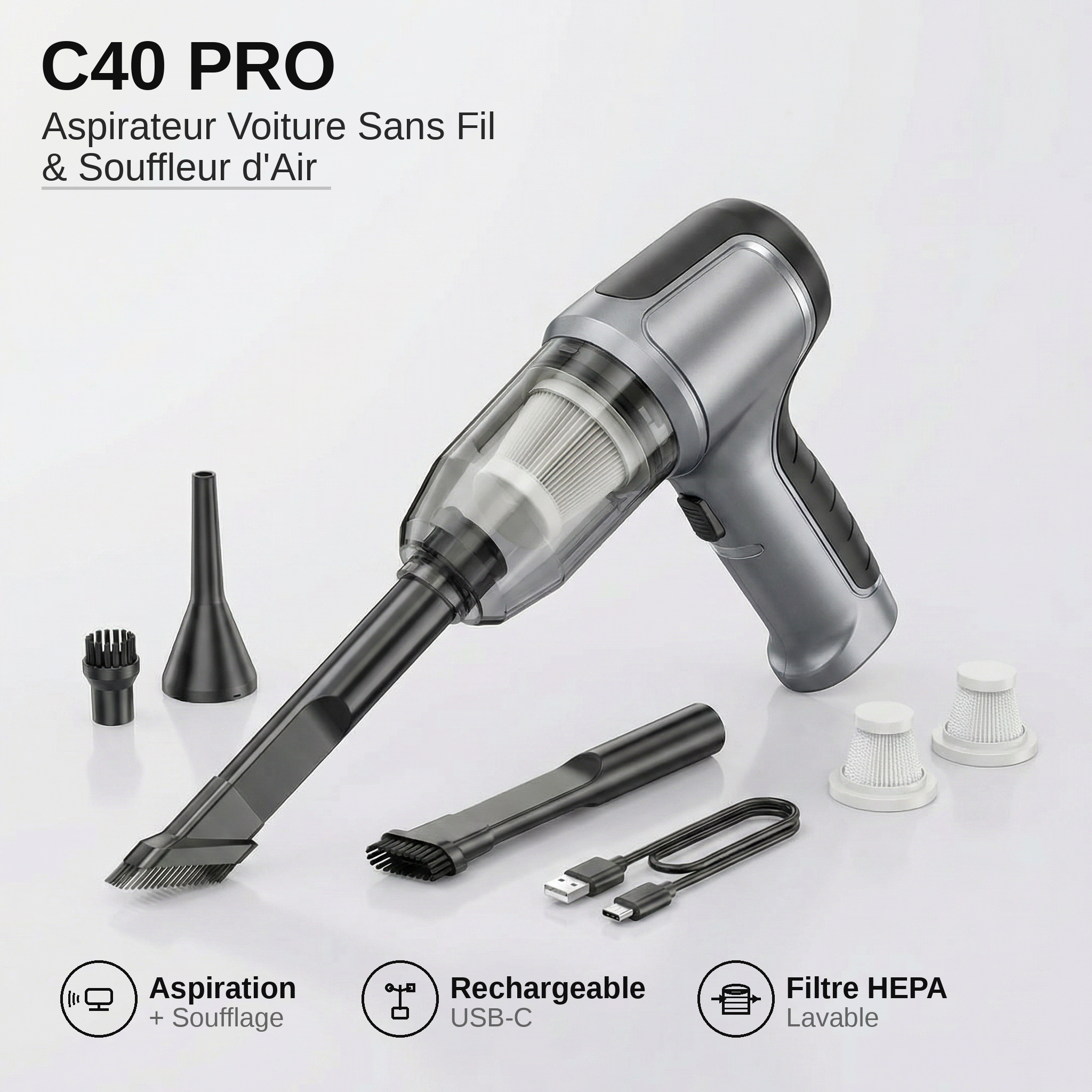 C40 PRO | Aspirateur Voiture Sans Fil Puissant Portable